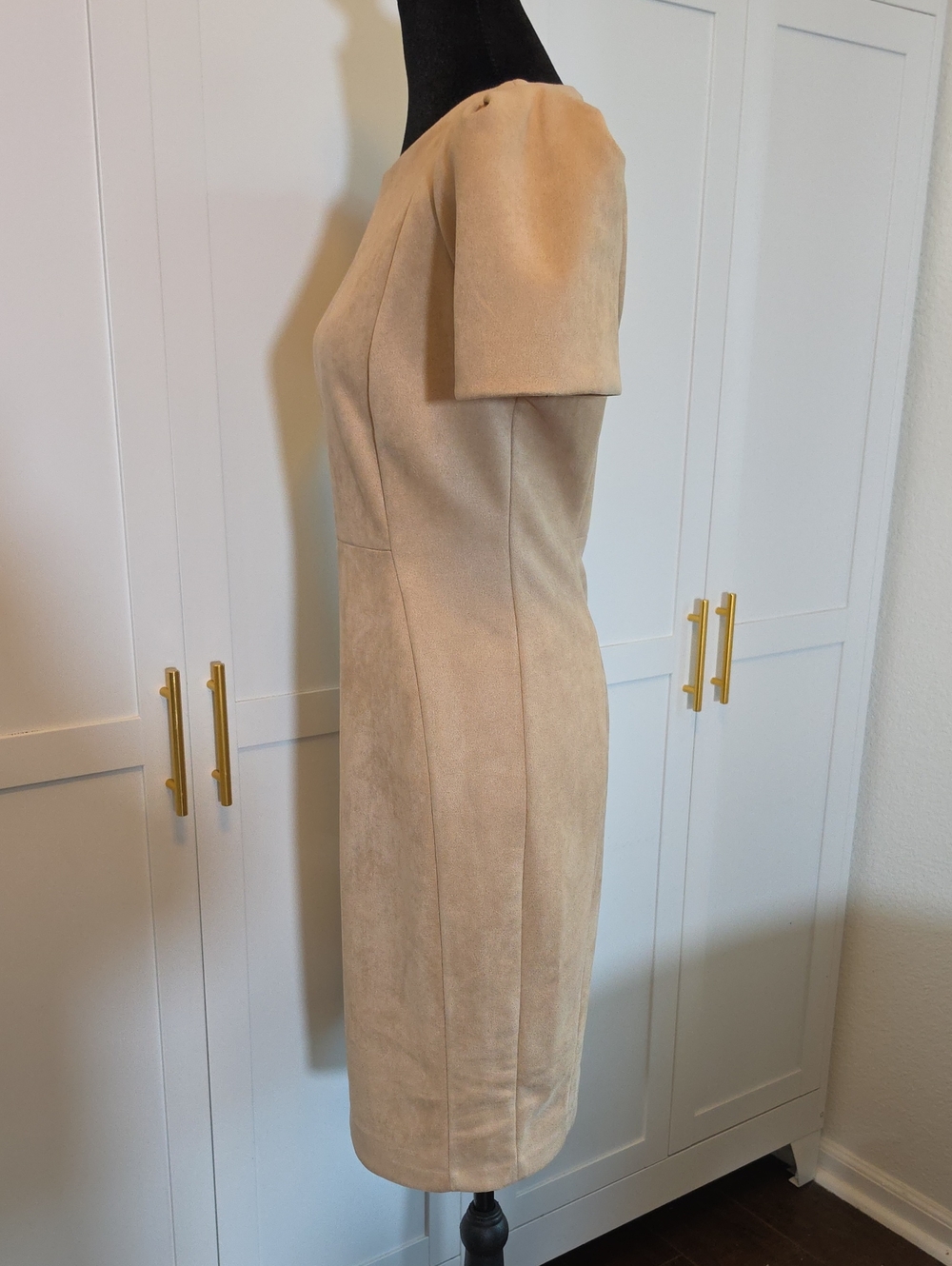 Calvin Klein Camel Tan Faux Suede Puff Short Sleeve Sheath Dress Size 10 - Picture 5 of 13